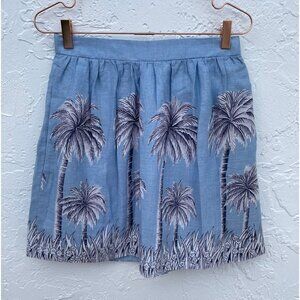 J Crew Womens Cotton Linen Tropical Palm Tree Pleated Mini Skirts Blue Sz 2